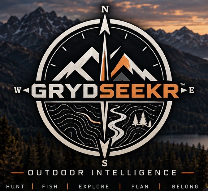 GrydSeekr Outdoor Intelligence brand with compass, mountains and topographic terrain